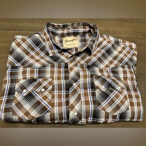 Wrangle Shirt Adult Extra Large Brown Blue Rodeo Western Cowboy Pearl Snap Mens